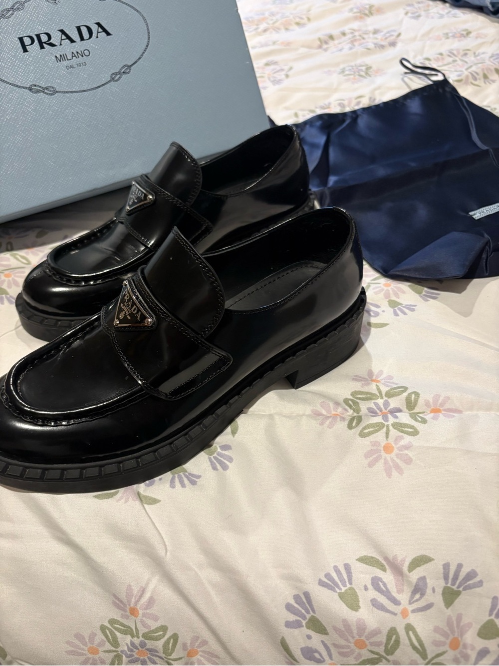 Women's Prada Black Patent Leather Penny Loafers with Logo Plaque - Picture 6 of 8